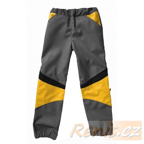 Dětské softshellové kalhoty jarní - BARVA KALHOT: Tmavě Šedá, BARVA PRVKŮ: Žlutá