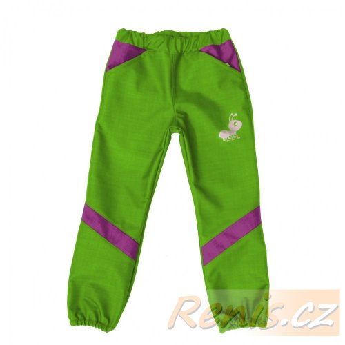 Dětské softshellové kalhoty jarní - BARVA KALHOT: Růžová, BARVA PRVKŮ: Fialová