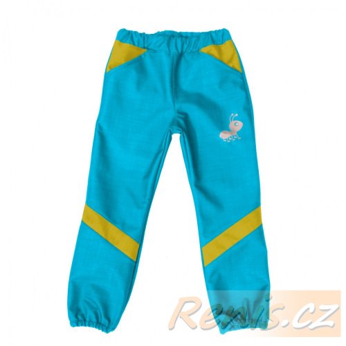 Dětské softshellové kalhoty jarní - BARVA KALHOT: Modrá, BARVA PRVKŮ: Žlutá