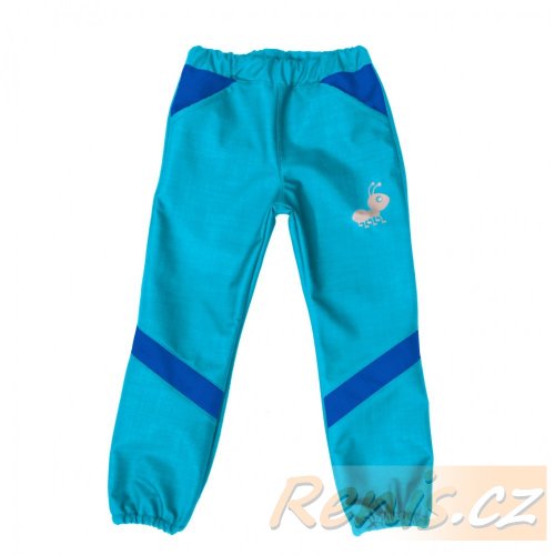 Dětské softshellové kalhoty jarní - BARVA KALHOT: Modrá, BARVA PRVKŮ: Limeta