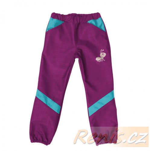 Dětské softshellové kalhoty jarní - BARVA KALHOT: Tyrkys, BARVA PRVKŮ: Růžová